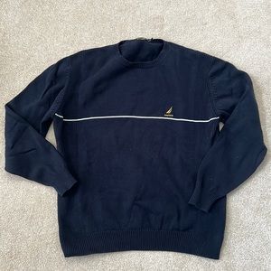 Nautica Navy crew neck sweater with white accent across the chest (Medium)